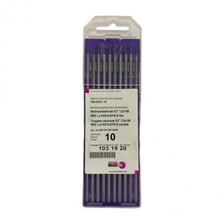 Electrodes tungstènes E3 diamètre 3,2MMX150 LILAS BINZEL etuis de 10 piece